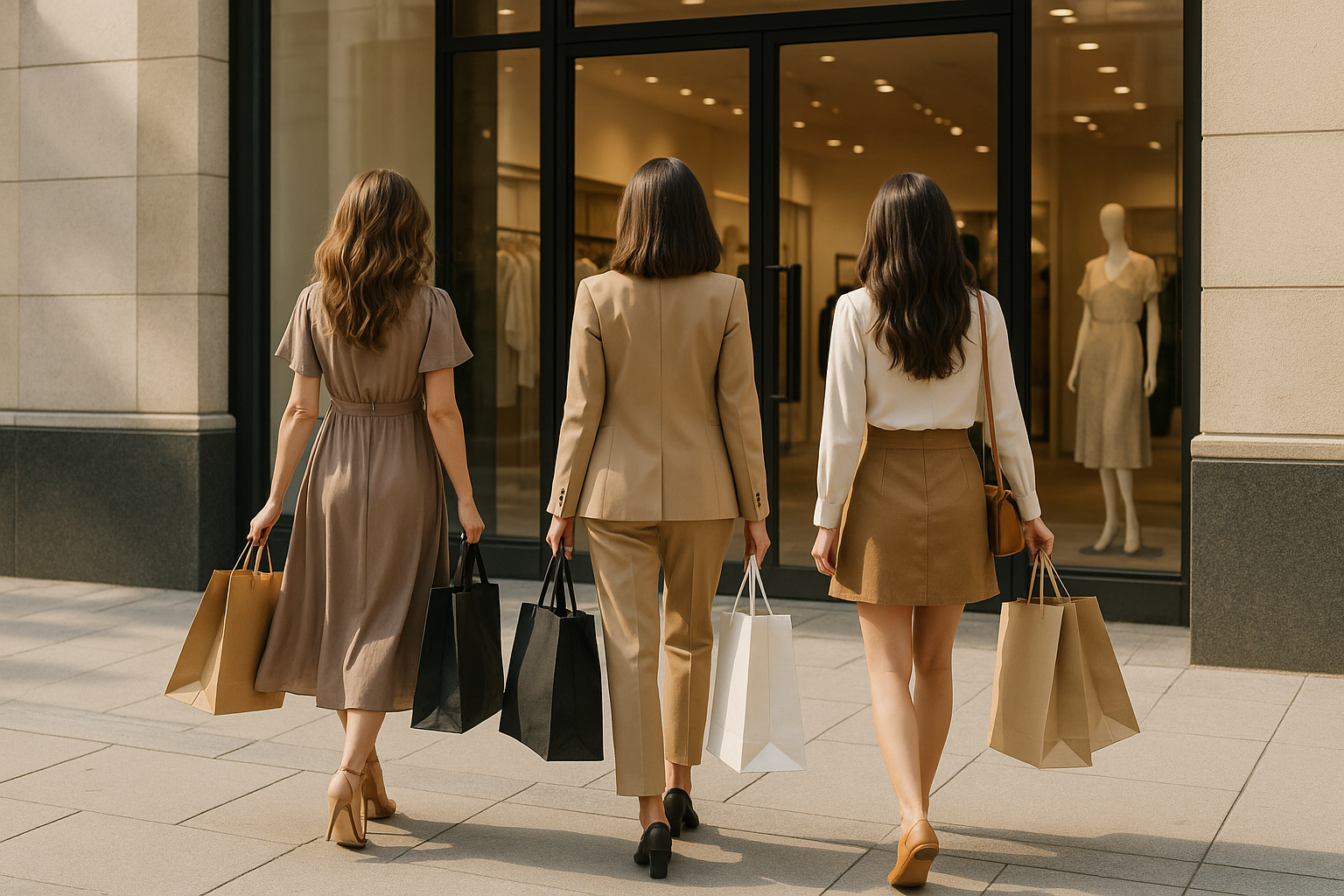 vrouwen fashion, afbeelding waarbij je vrouwen ziet die net uit de winkel zijn gestapt met tassen in hun handen van het shoppen, Deze vrouwen moeten te zien zijn van achteren